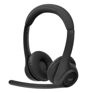 Casque professionnel sans fil Logitech Zone 305 noir avec perche micro abaissée sur fond de bureau moderne.